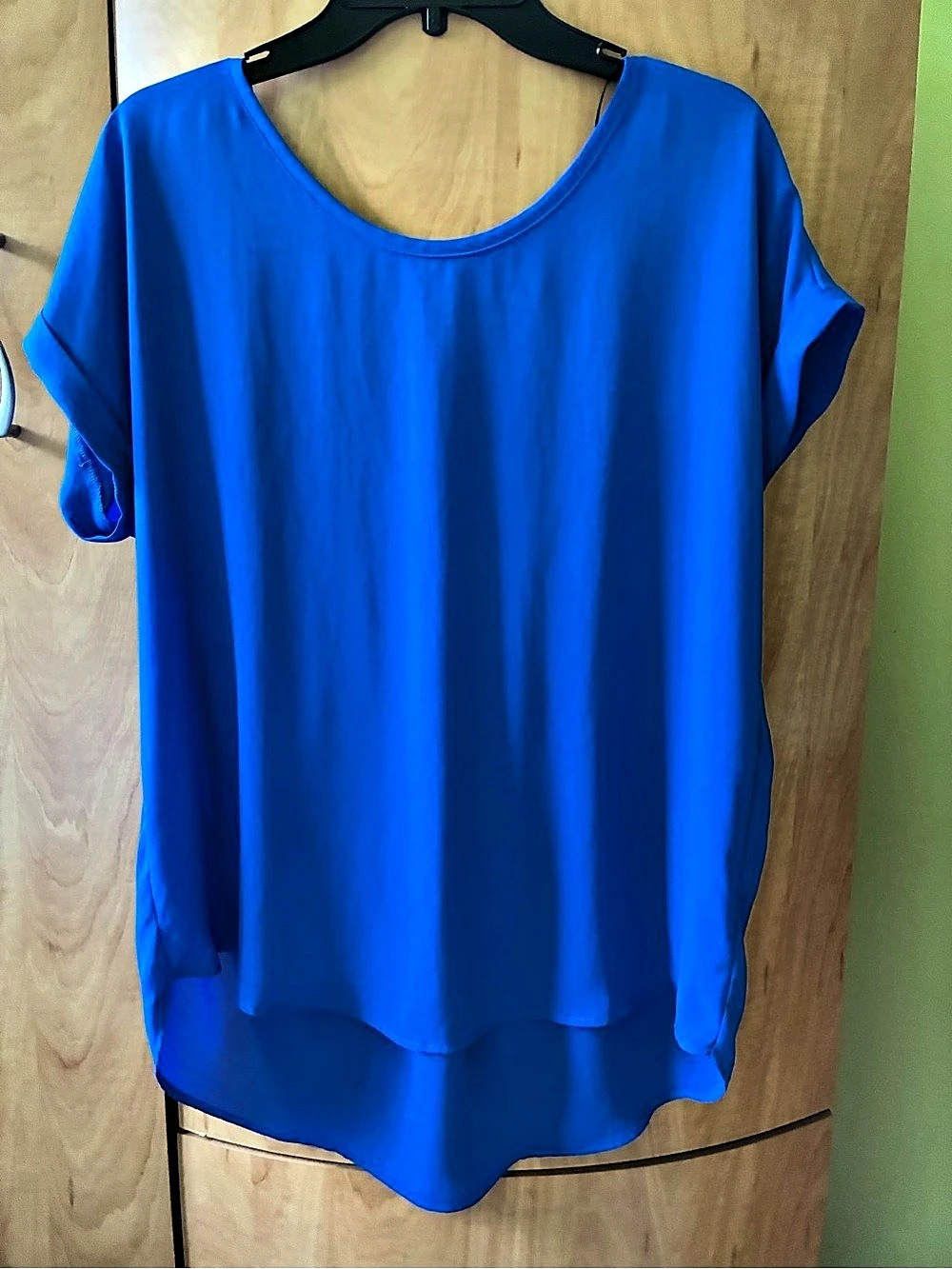 Pleione Pleated Back Short Sleeve Blouse Blue Large